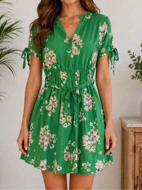 Green Floral Tie Waist Mini Dress Boho Cottagecore Size M